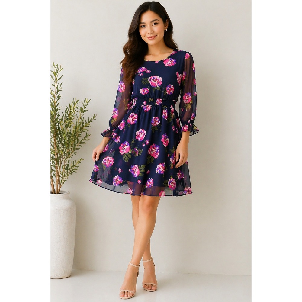 Maison Jules Navy Floral Dress Flowy Smocked Romantic Boho Chic Travel Large NWT - Picture 1 of 16